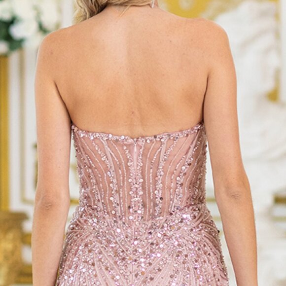 New Strapless Sequins Embellihsed Prom Dress w/ Deep V-Neck & Leg Slit DQ 4468 - Picture 5 of 9
